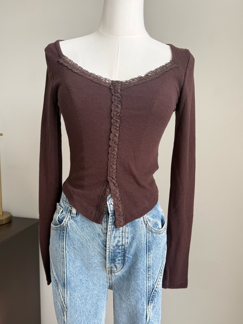 COTTON ON Brown Lace Trim Fitted Long Sleeve Top
